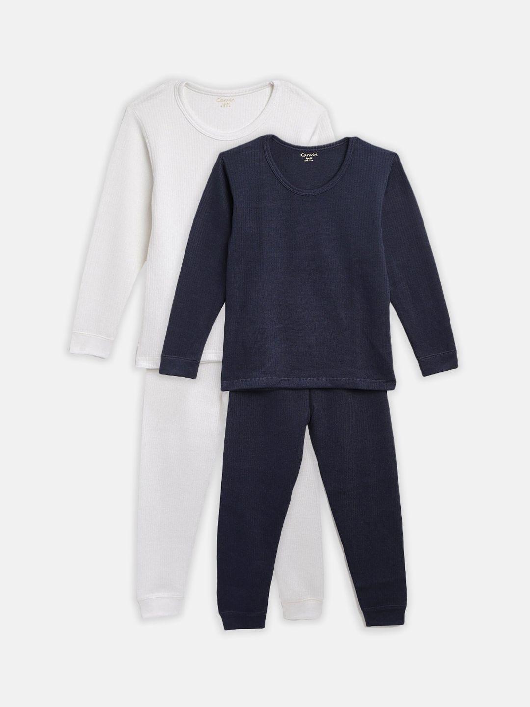 kanvin boys pack of 2 white & navy blue solid thermal sets