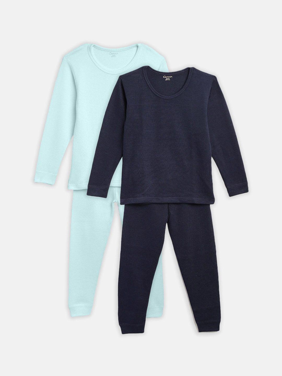 kanvin boys turquoise blue & navy blue set of 2 self striped thermal set