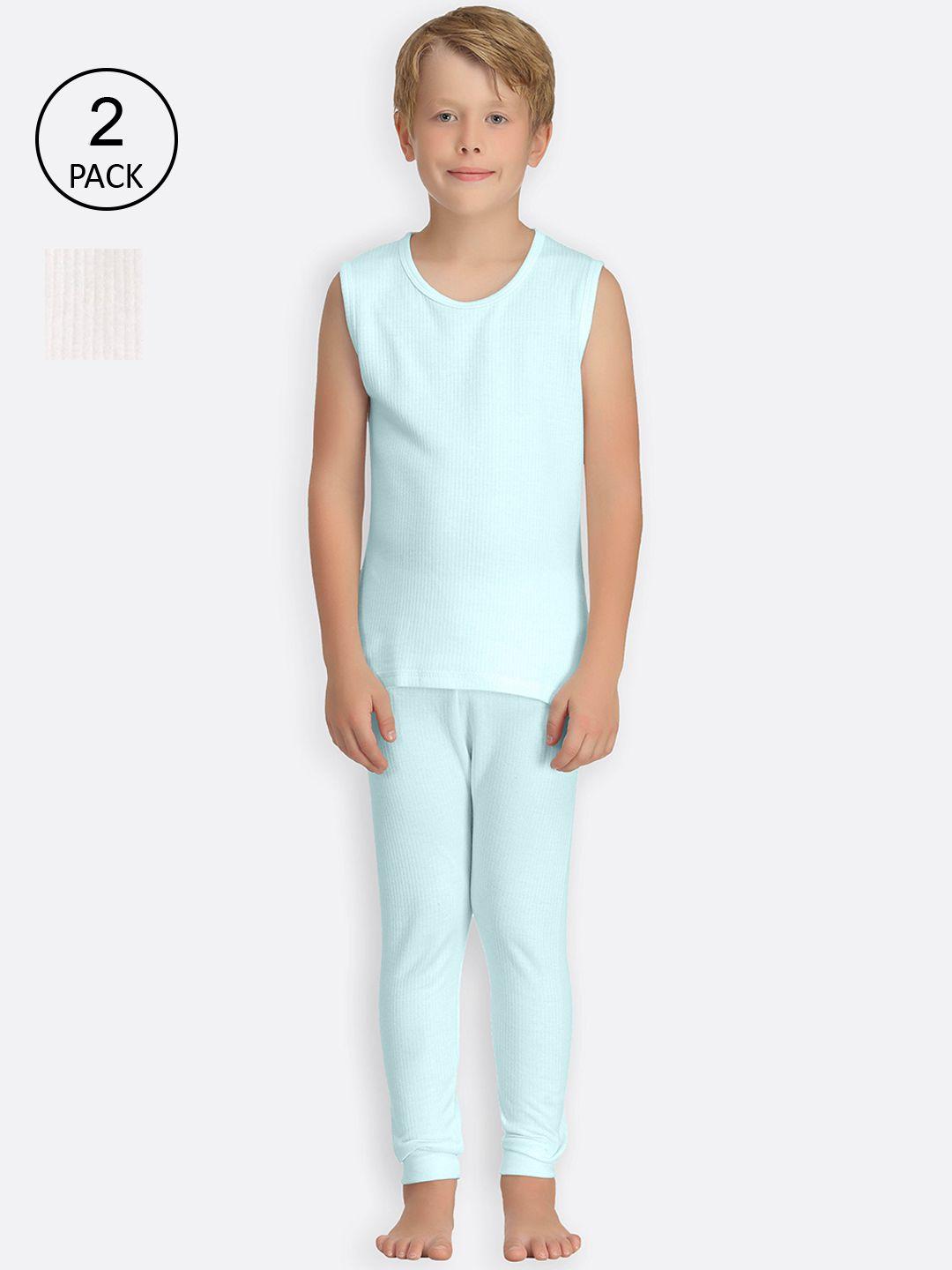 kanvin boys turquoise blue & off-white set of 2 self striped thermal set