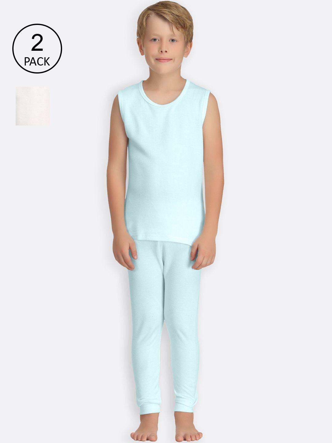 kanvin boys turquoise blue & off-white set of 2 self striped thermal set