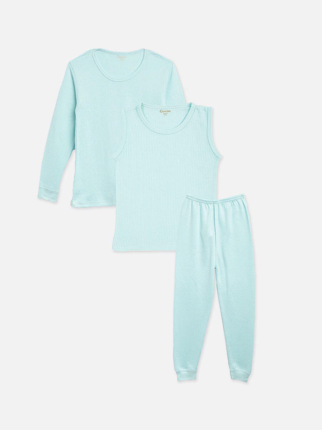 kanvin boys turquoise blue striped thermal set