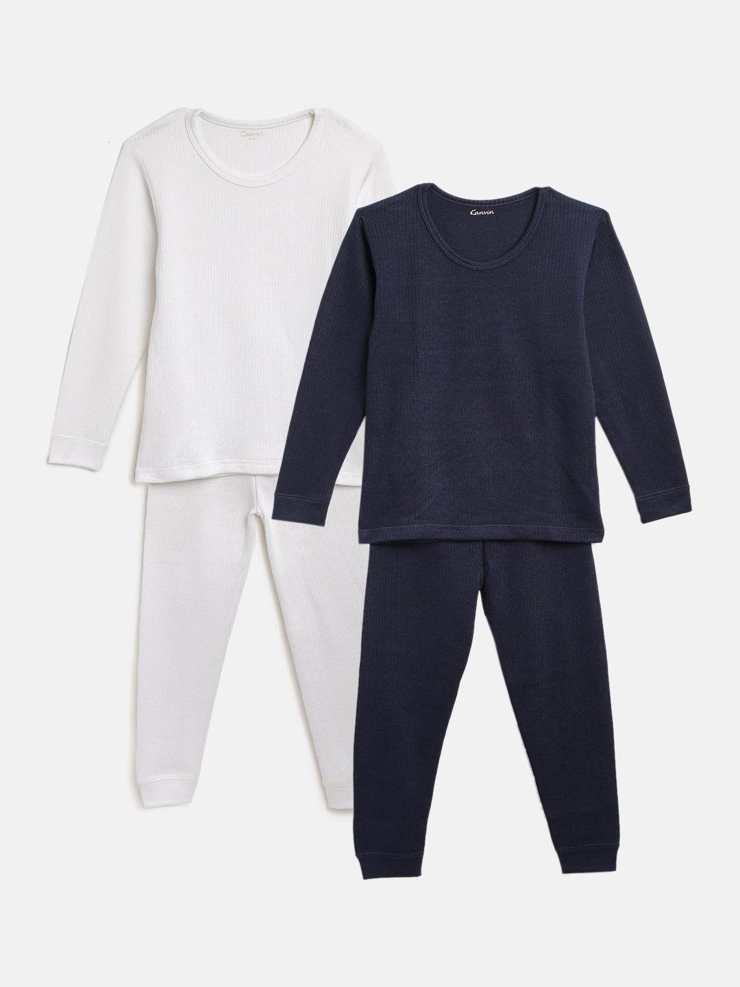 kanvin boys white & navy blue pack of 2 solid thermal set