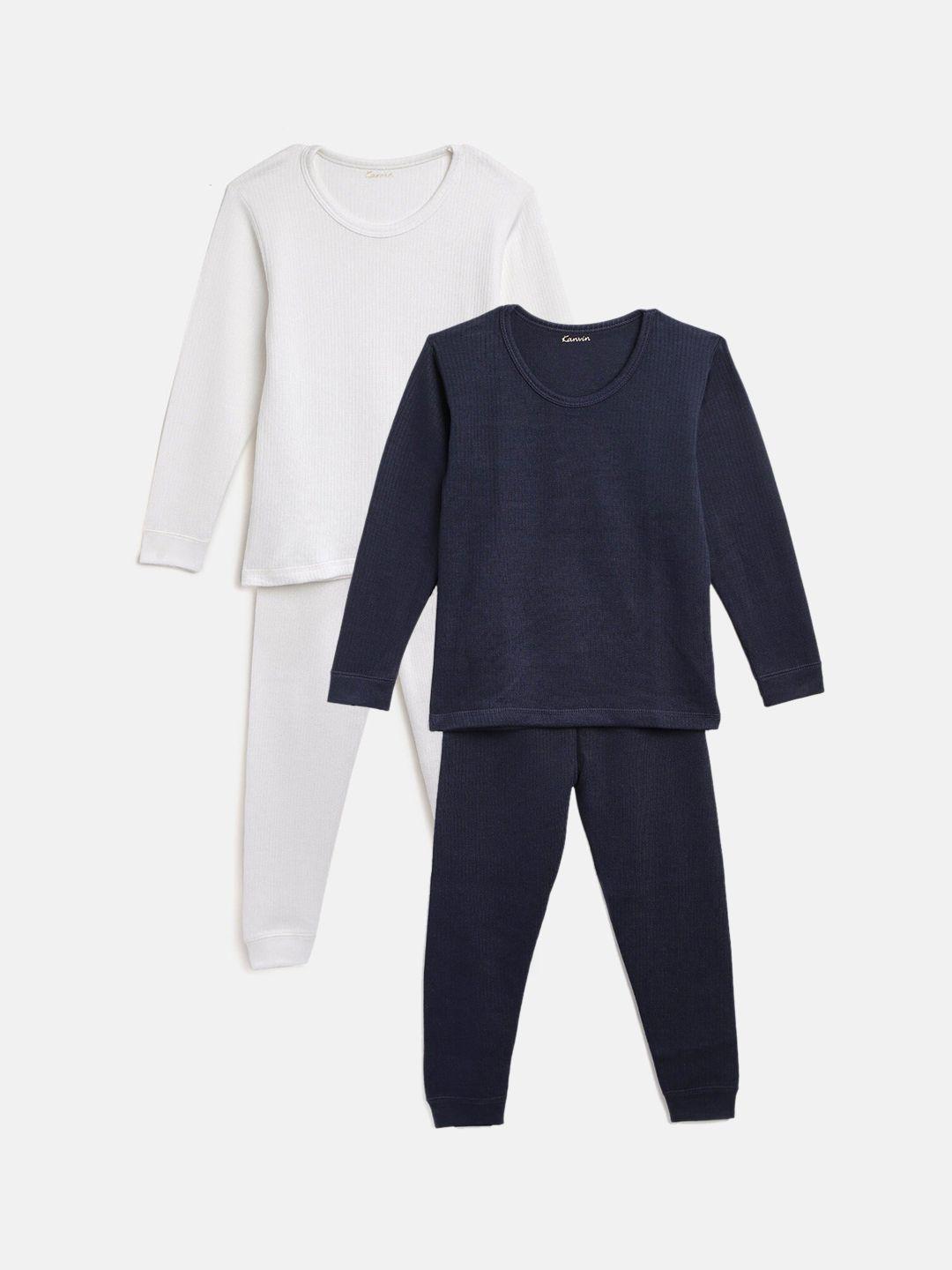 kanvin boys white & navy blue pack of 2 solid thermal set