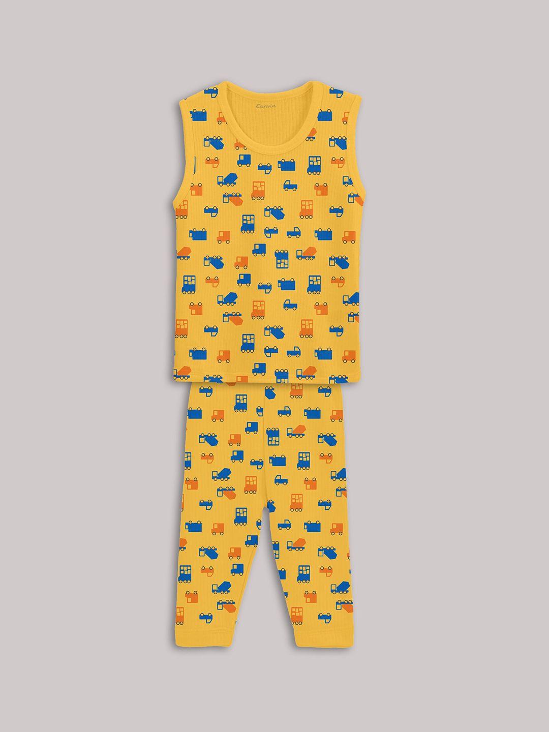 kanvin boys yellow & blue printed sleeveless thermal set
