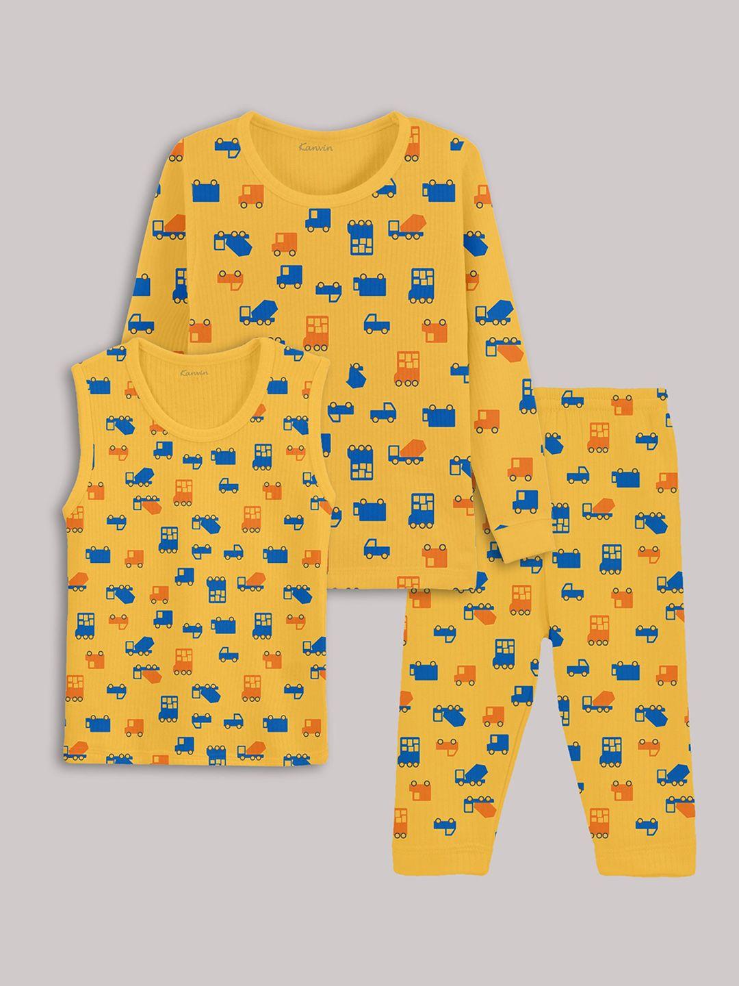 kanvin boys yellow printed thermal set