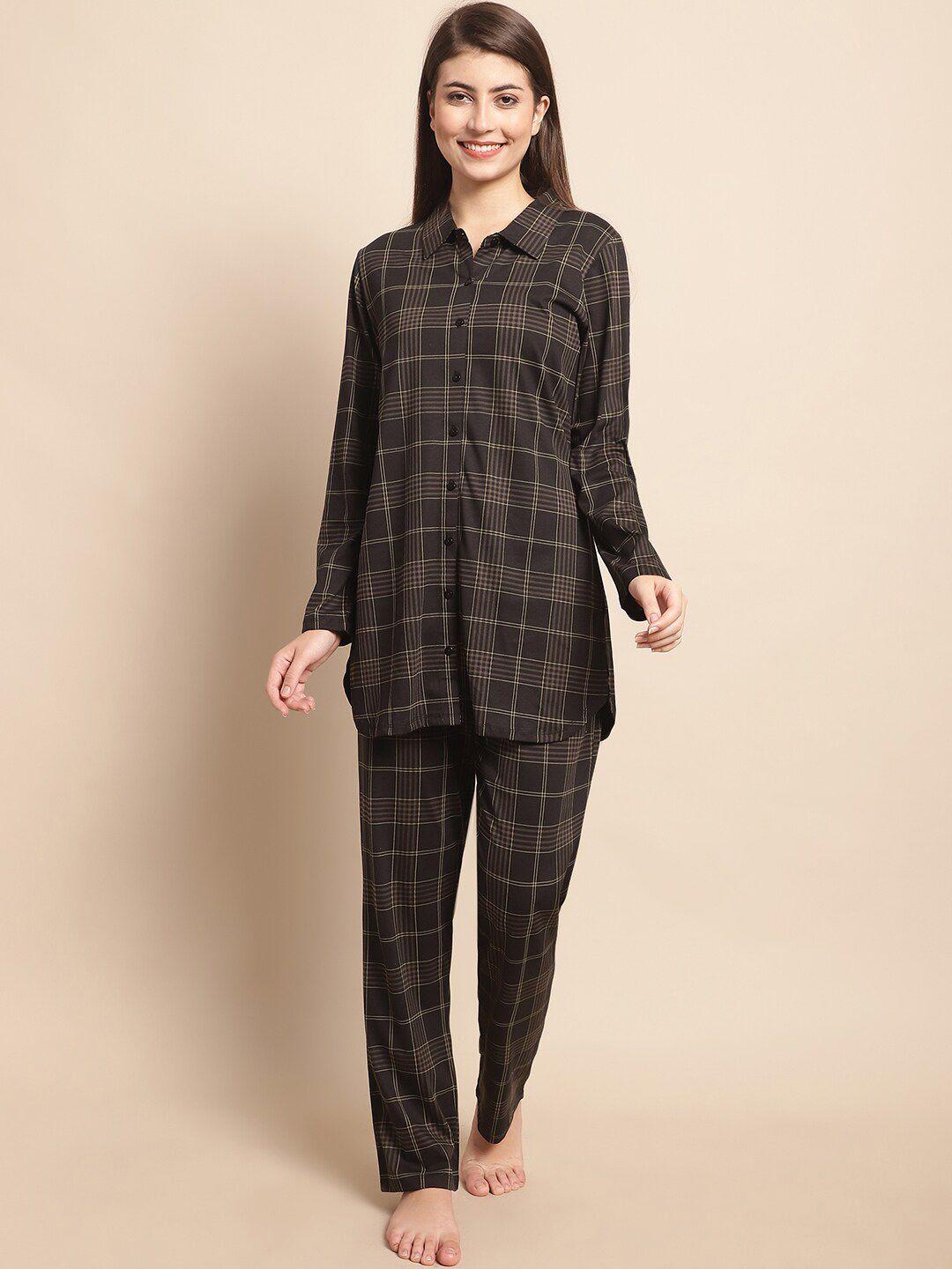 kanvin brown & beige checked pure cotton night suit