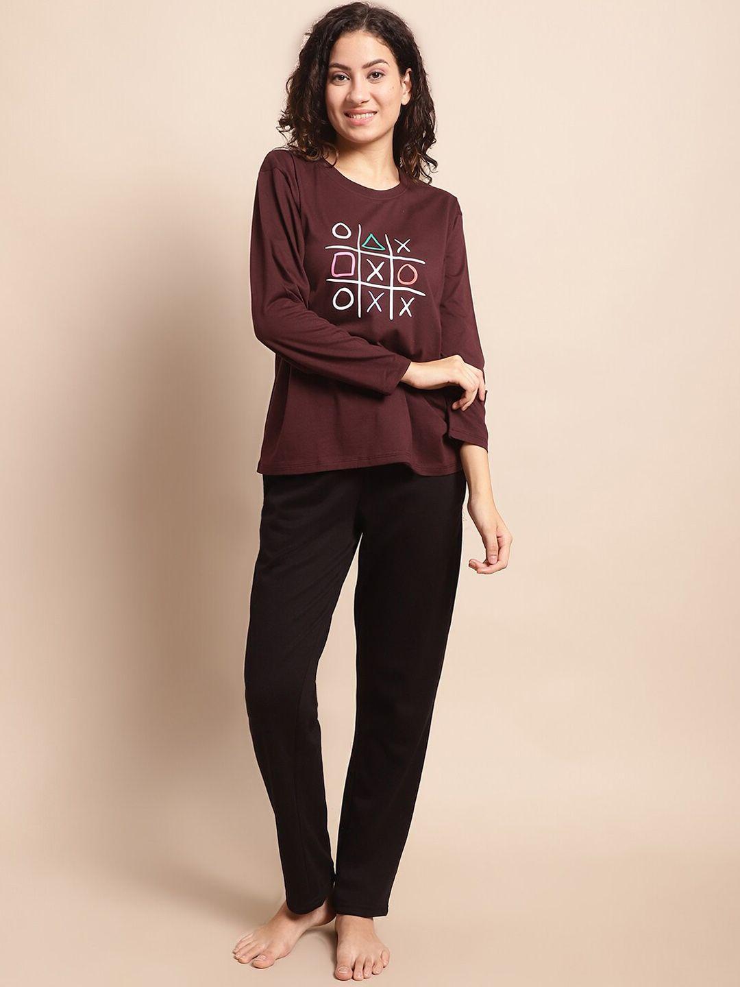kanvin brown & black geometric printed pure cotton tshirt & pyjamas