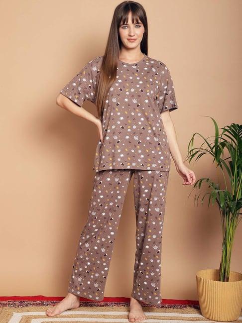 kanvin brown cotton printed top pyjamas set