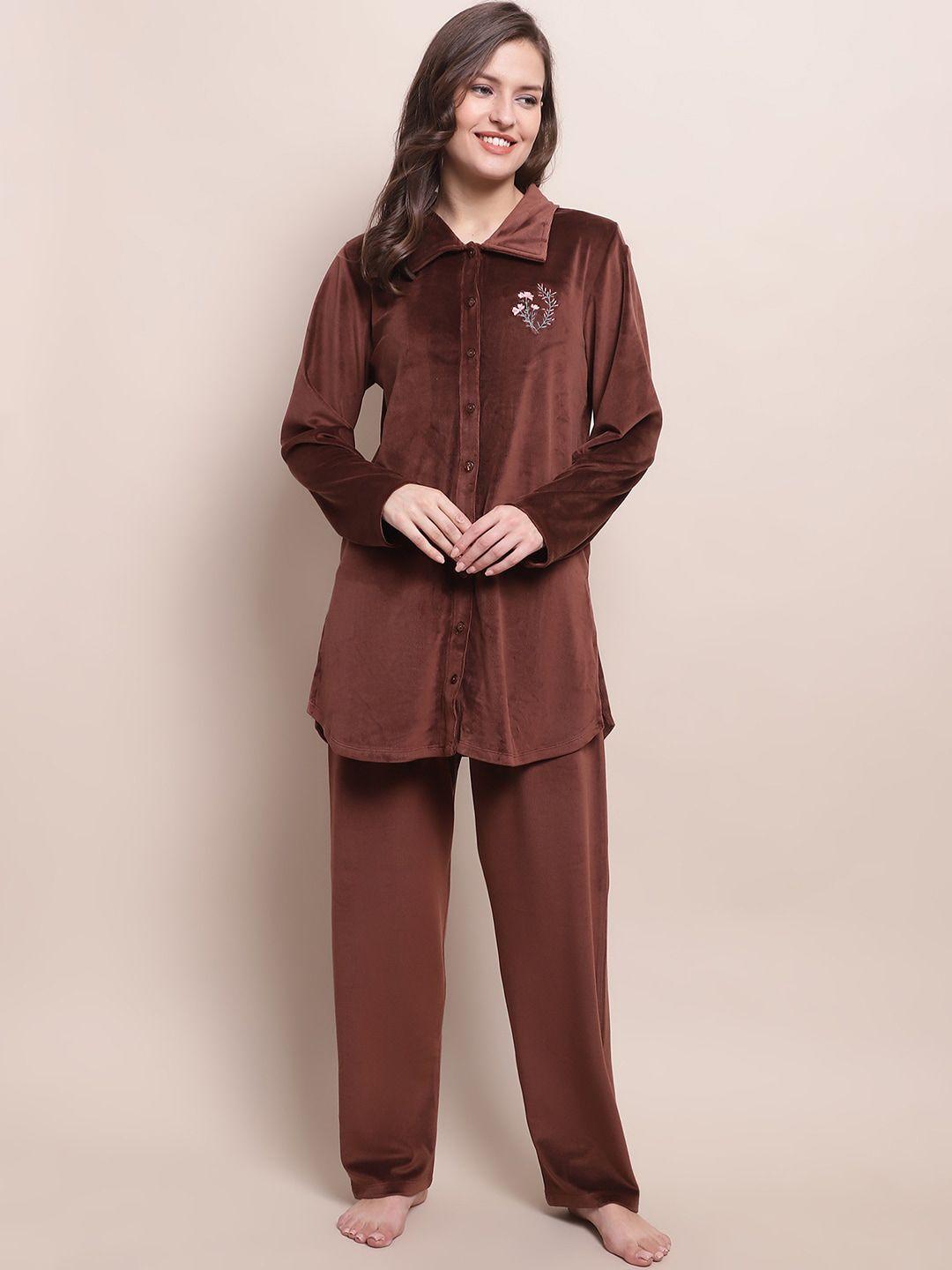 kanvin floral embroidered shirt collar nightsuit