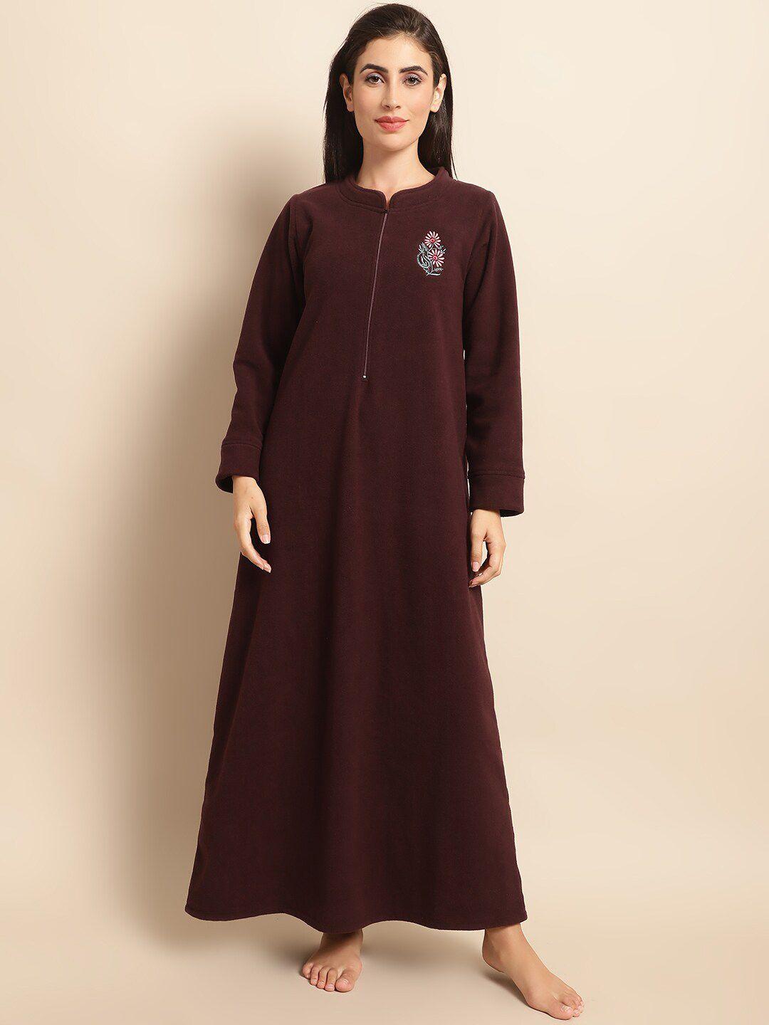 kanvin maroon embroidered fleece maxi nightdress