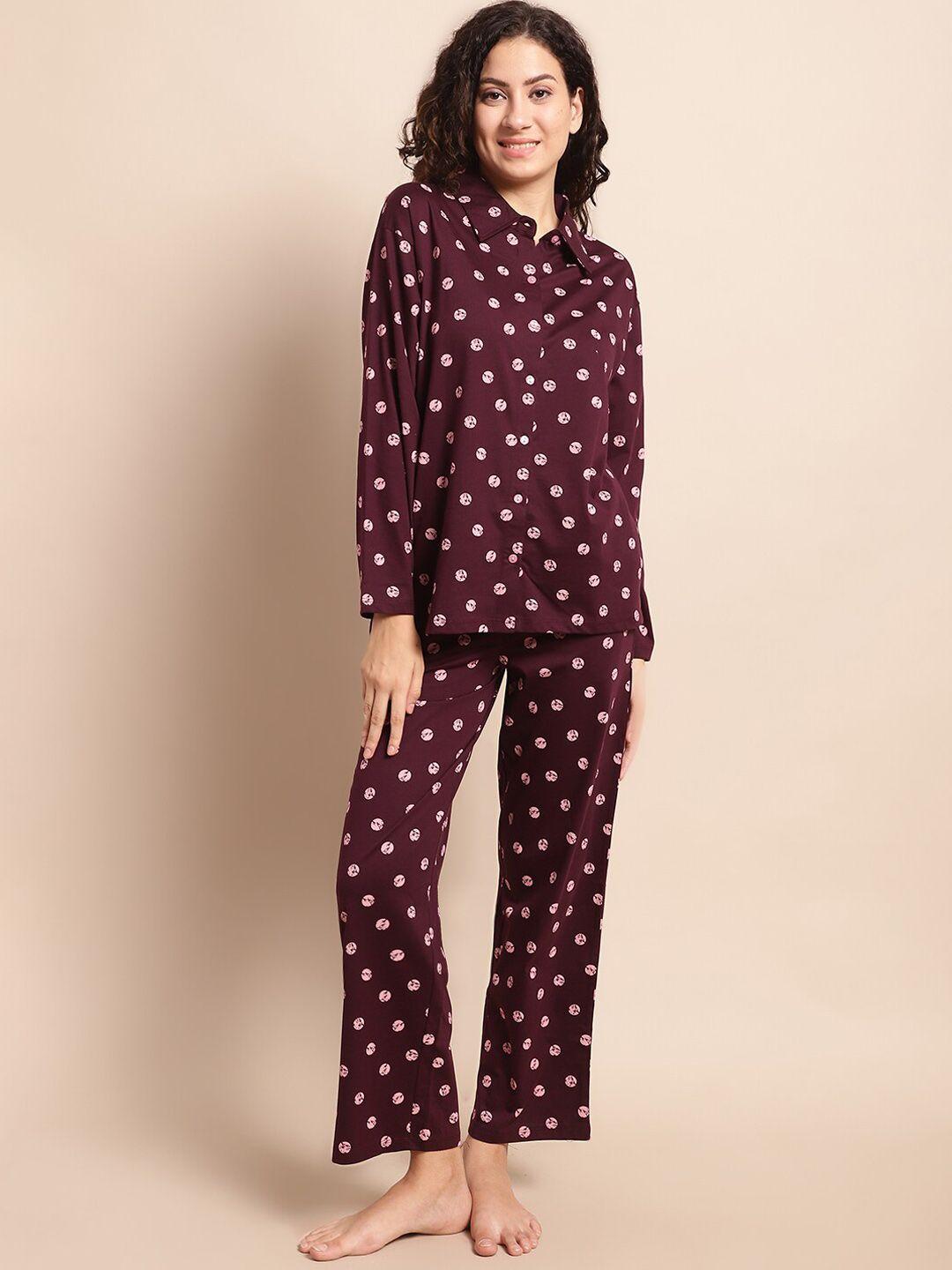 kanvin maroon geometric printed pure cotton night suit