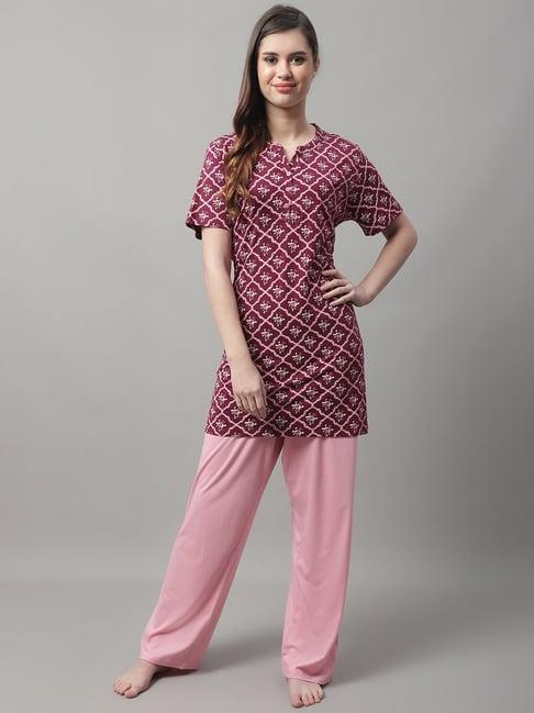 kanvin maroon printed top pyjamas set