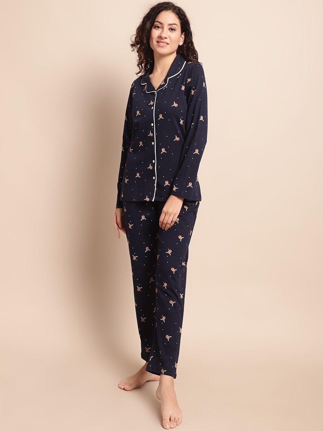 kanvin navy blue & brown conversational printed pure cotton shirt & pyjamas