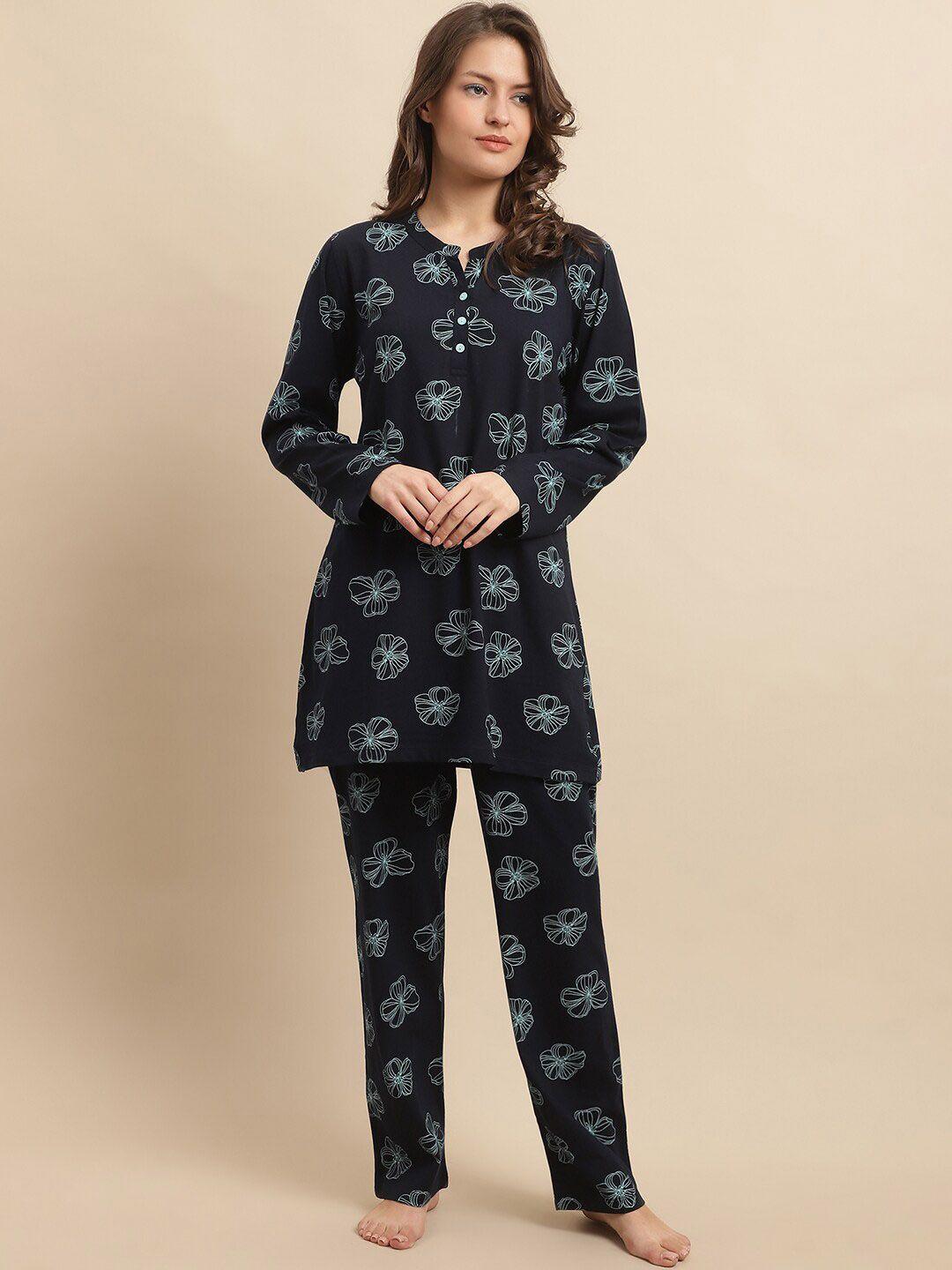 kanvin navy blue & green floral printed night suit