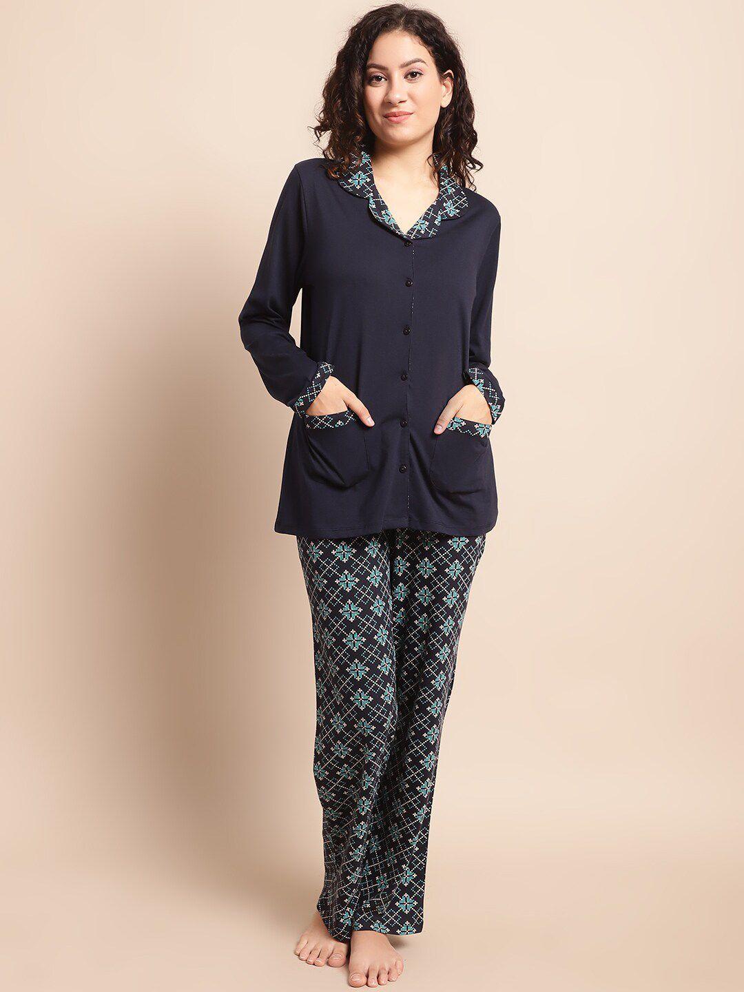 kanvin navy blue & green modal night suit