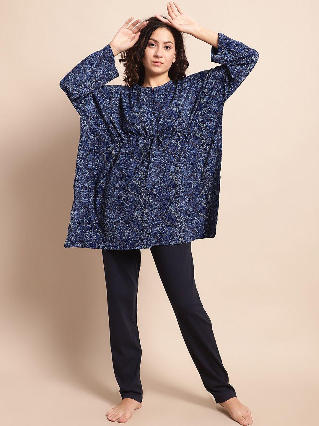 kanvin navy blue abstract printed pure cotton night suit