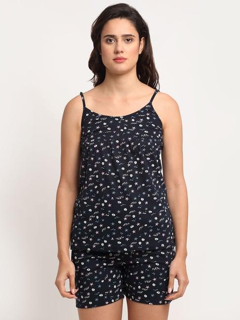 kanvin navy blue printed cami top with shorts