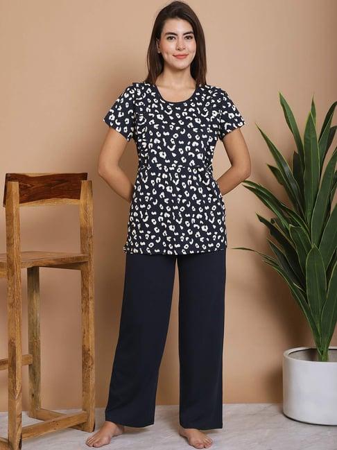 kanvin navy cotton printed top pyjamas set