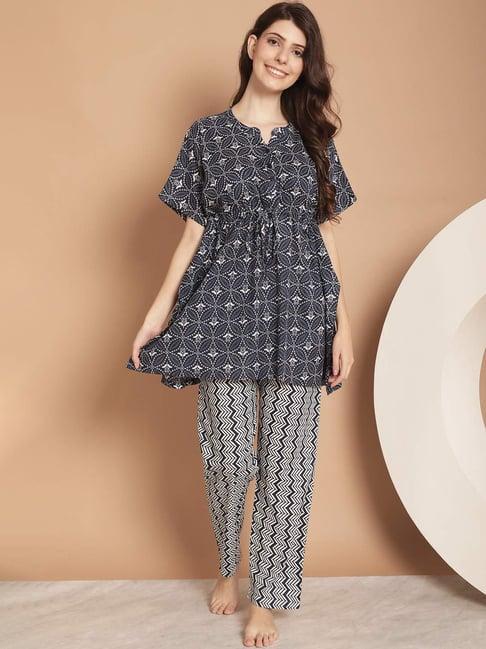 kanvin navy cotton printed tunic pyjamas set