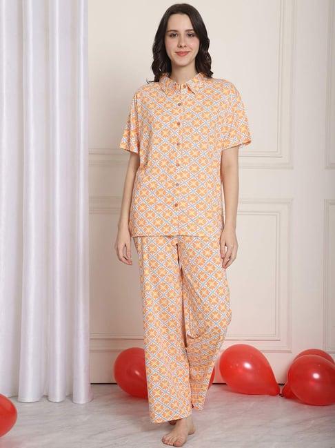 kanvin orange cotton printed shirt pyjamas set