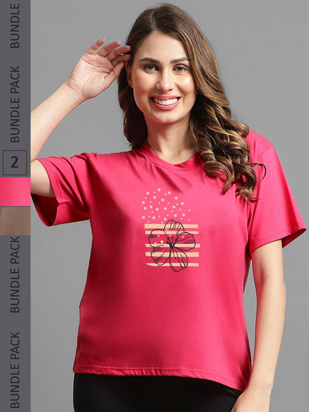 kanvin pack of 2 pink & brown printed drop-shoulder sleeves casual cotton t-shirts