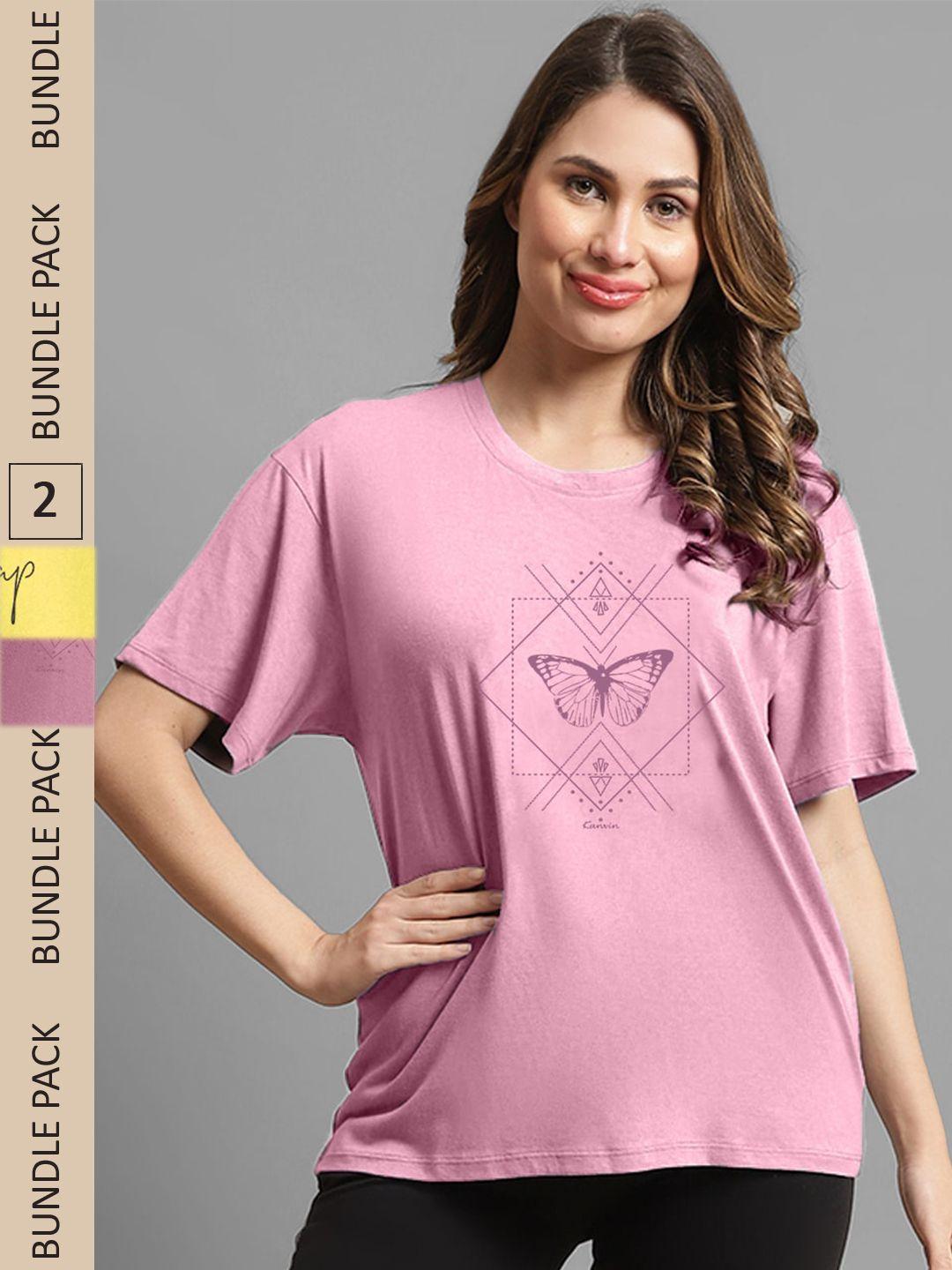 kanvin pack of 2 pink & yellow graphic printed oversized t-shirt