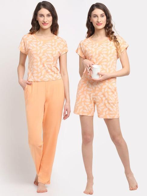 kanvin peach printed crop top with pyjamas and shorts