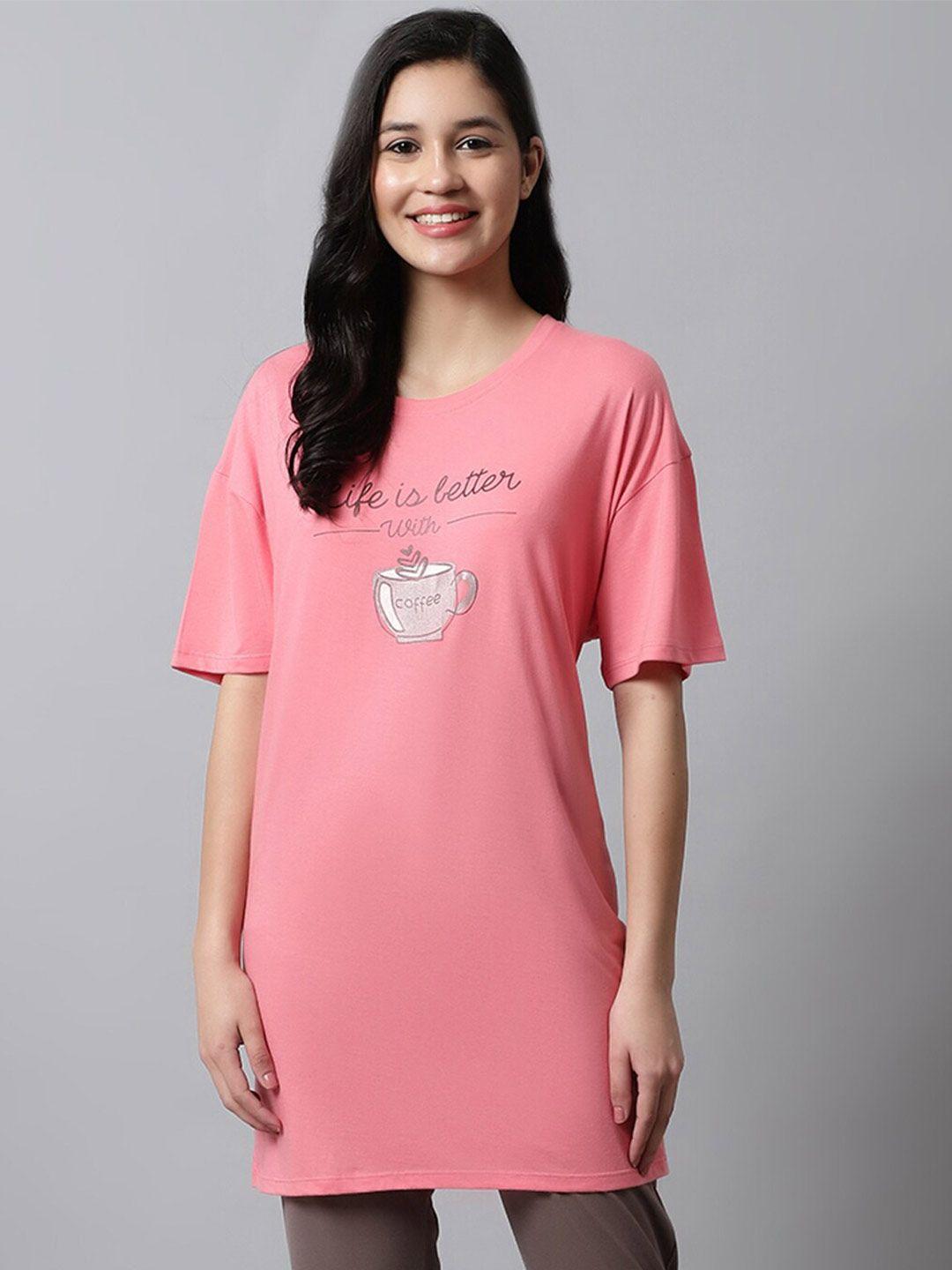 kanvin peach typography printed drop-shoulder sleeves oversized longline t-shirt