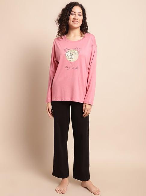 kanvin pink & black printed top with pyjamas