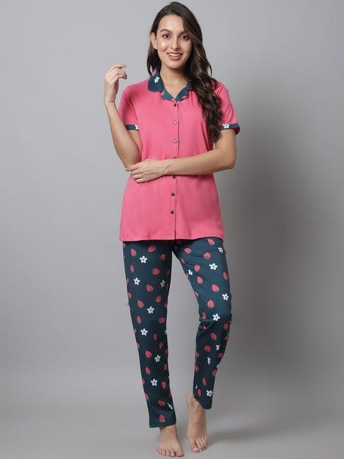 kanvin pink & blue printed top pyjamas set