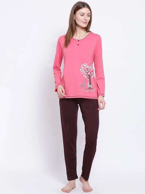 kanvin pink & brown printed top with pyjamas