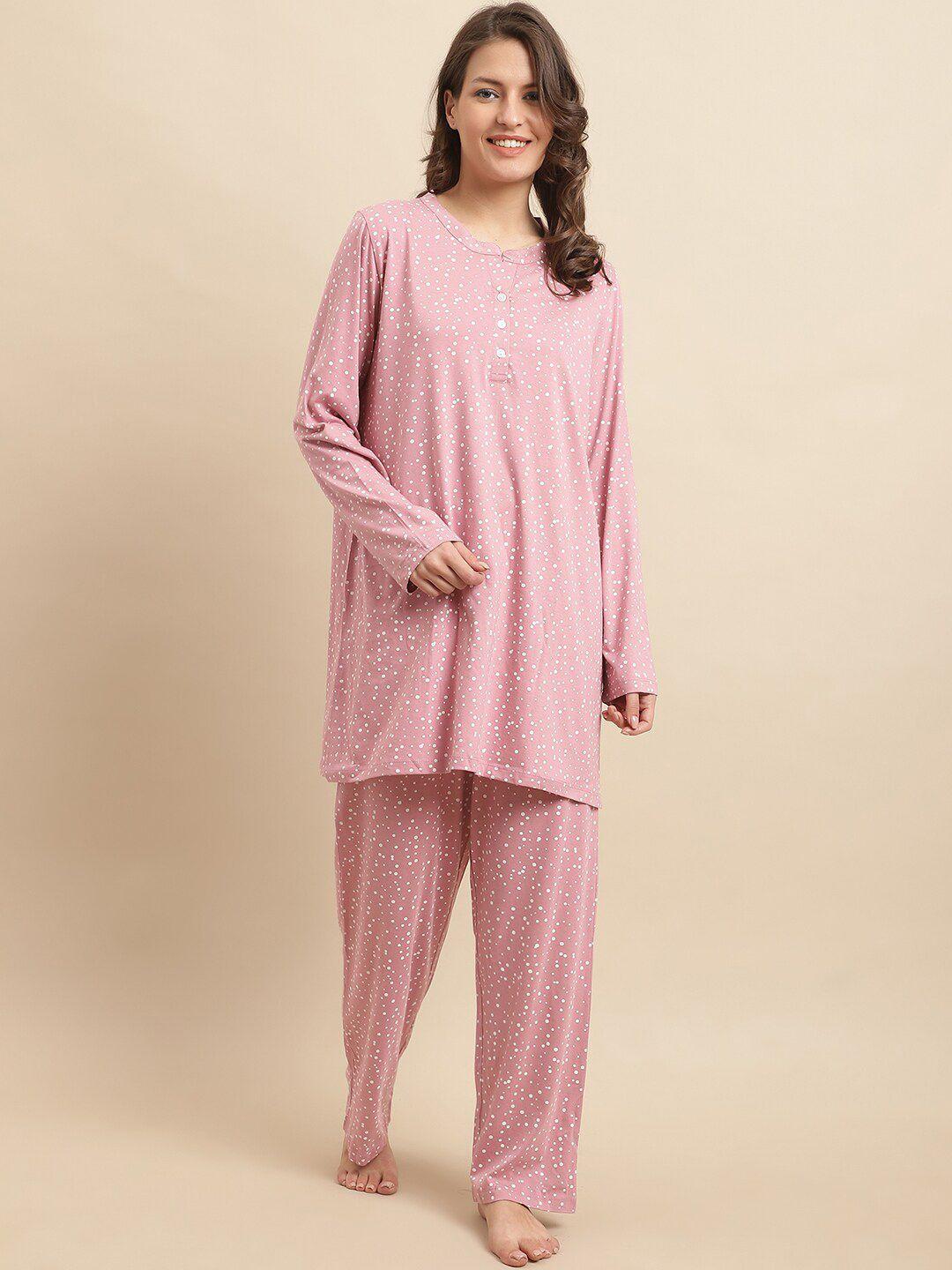 kanvin pink & white polka dots printed night suit