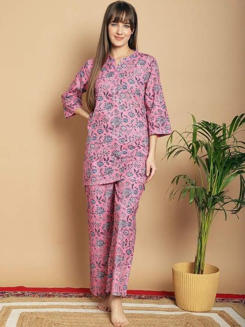 kanvin pink cotton printed tunic pyjamas set