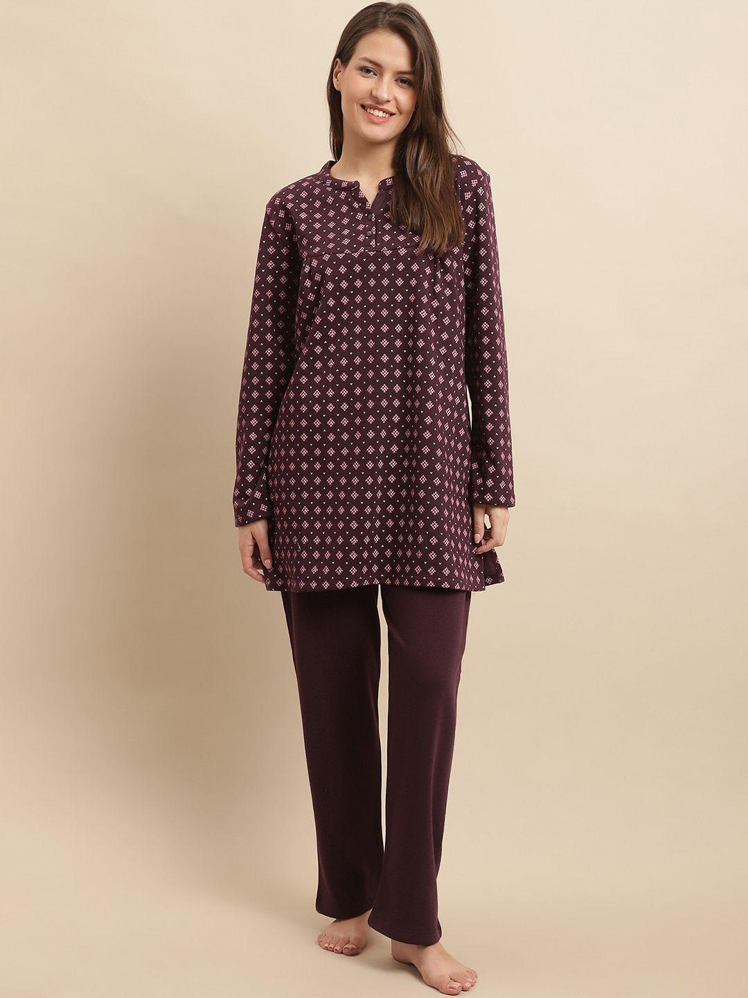 kanvin printed mandarin collar night suit