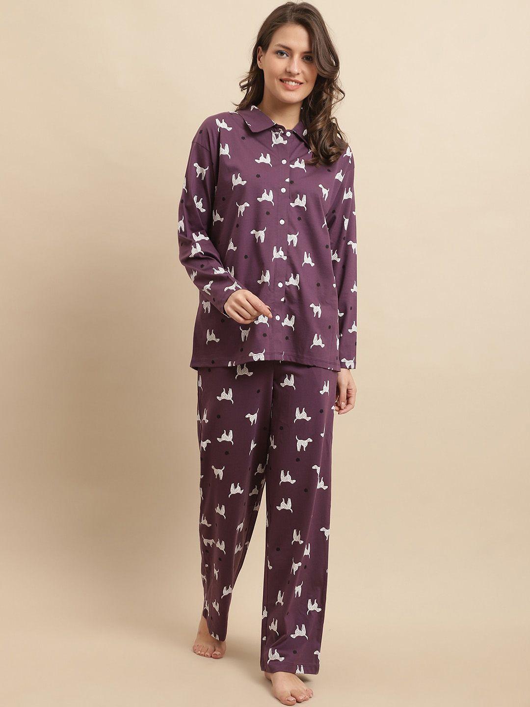 kanvin purple & white conversational printed pure cotton shirt & pyjamas