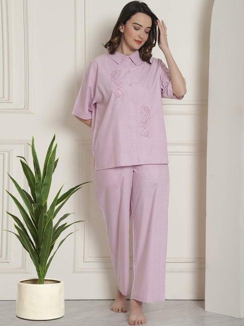 kanvin purple cotton embroidered shirt pyjamas set