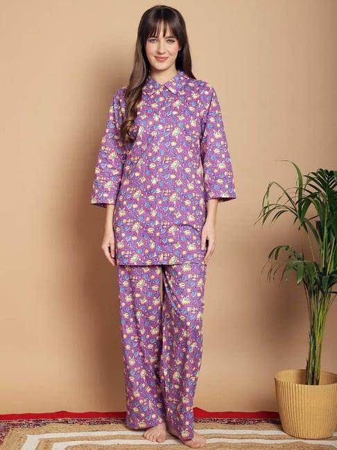 kanvin purple cotton printed tunic pyjamas set