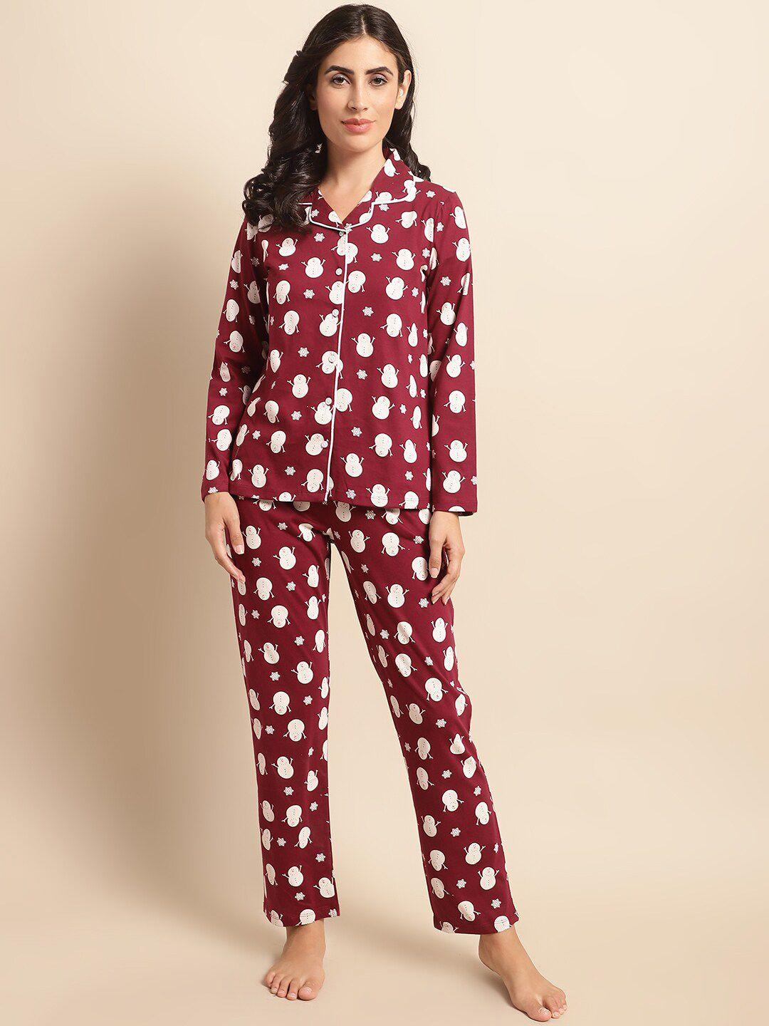 kanvin red & white conversational printed pure cotton night suit