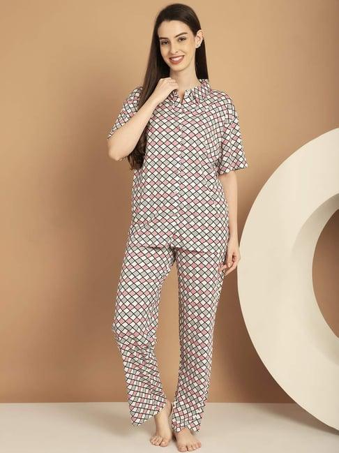 kanvin white & pink cotton printed shirt pyjamas set