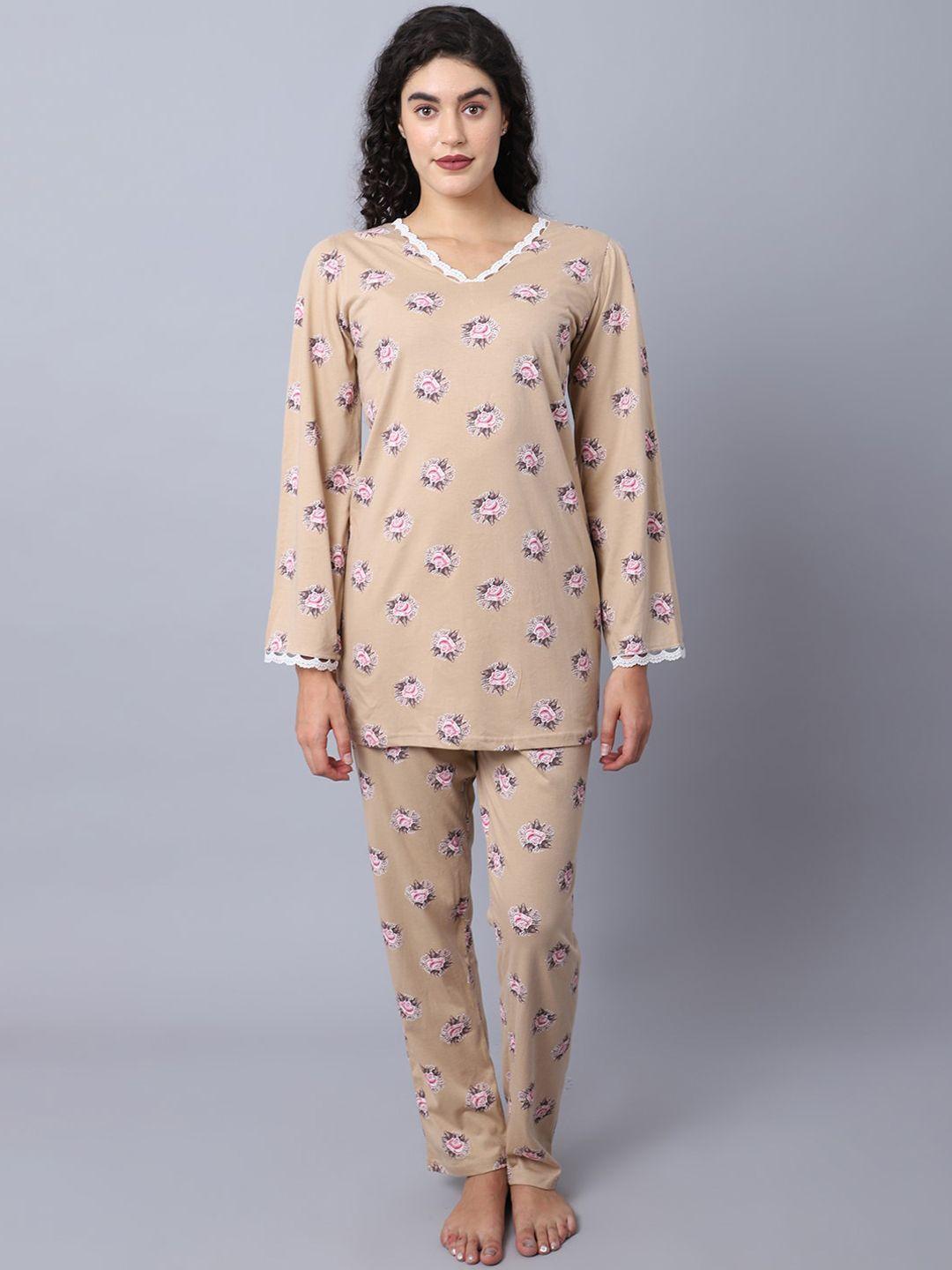 kanvin women beige & white printed night suit