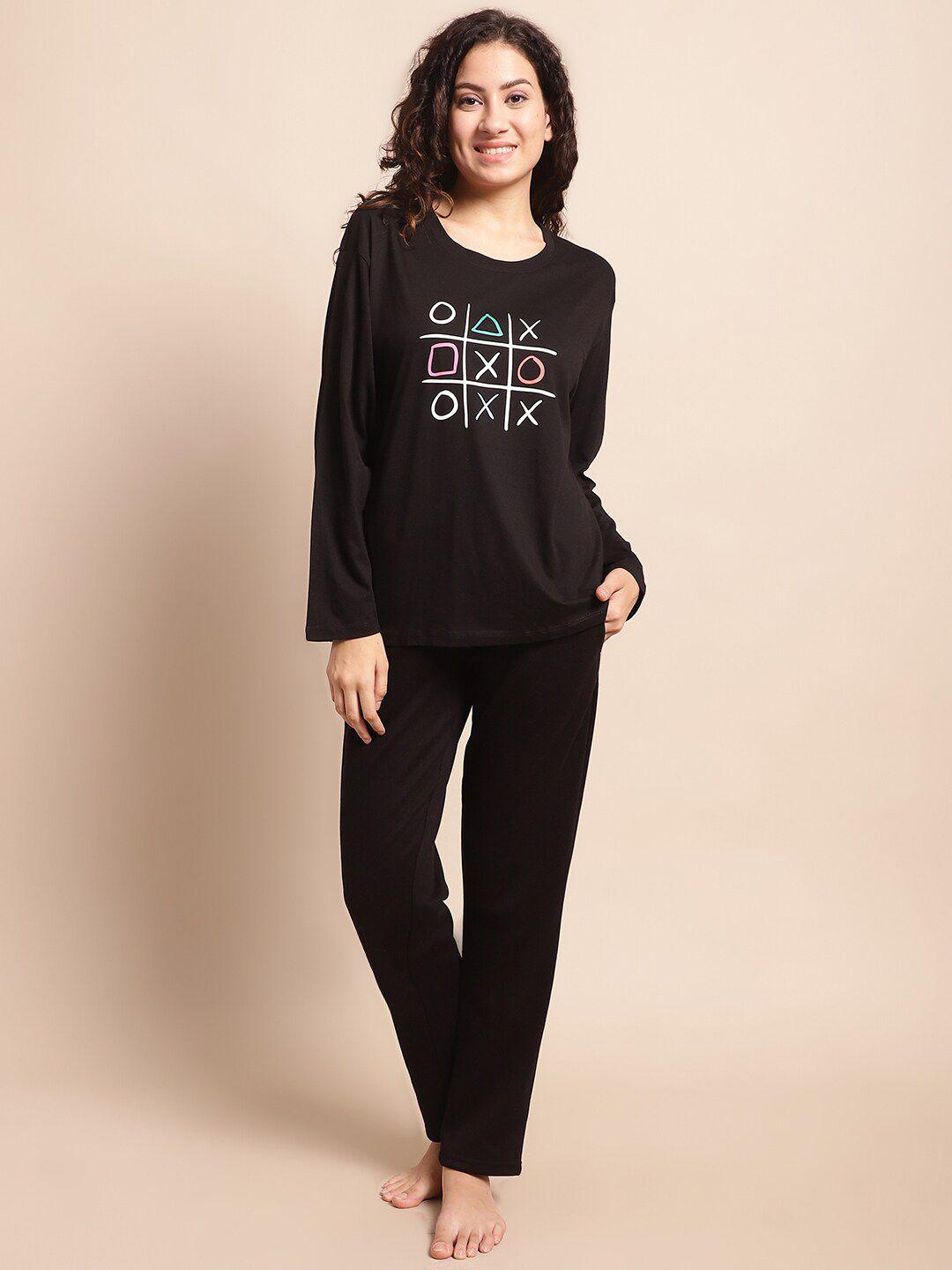 kanvin women black & white geometric printed pure cotton tshirt & pyjamas