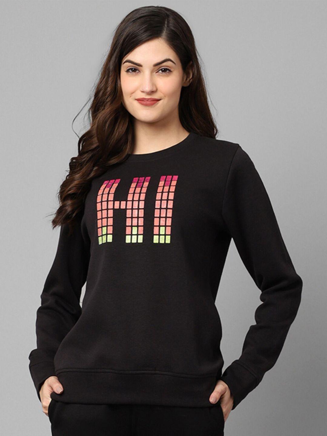 kanvin women black printed cotton sweatshirt