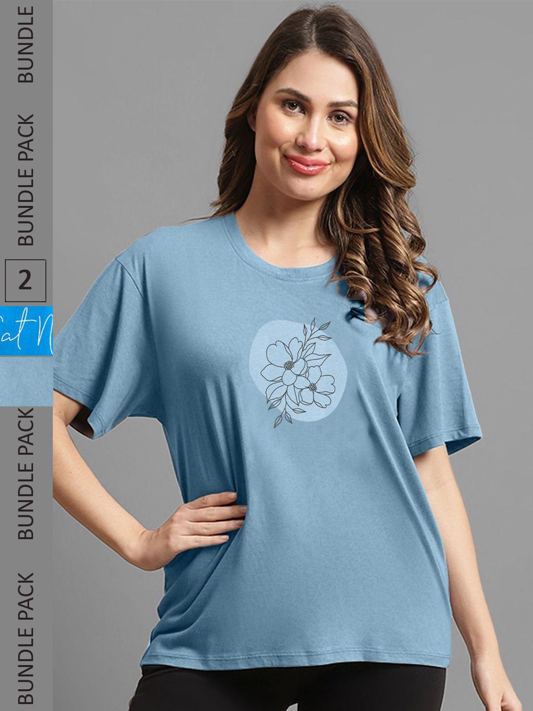 kanvin women blue pack of 2 printed drop-shoulder sleeves oversized t-shirt