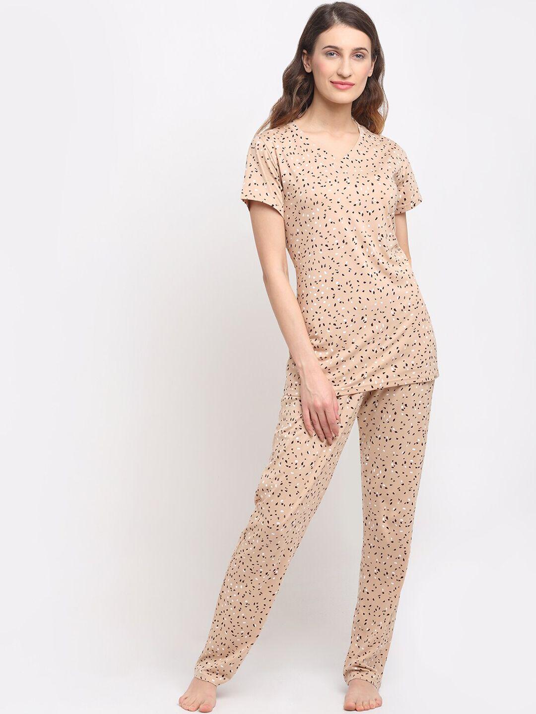 kanvin women camel brown & white printed night suit