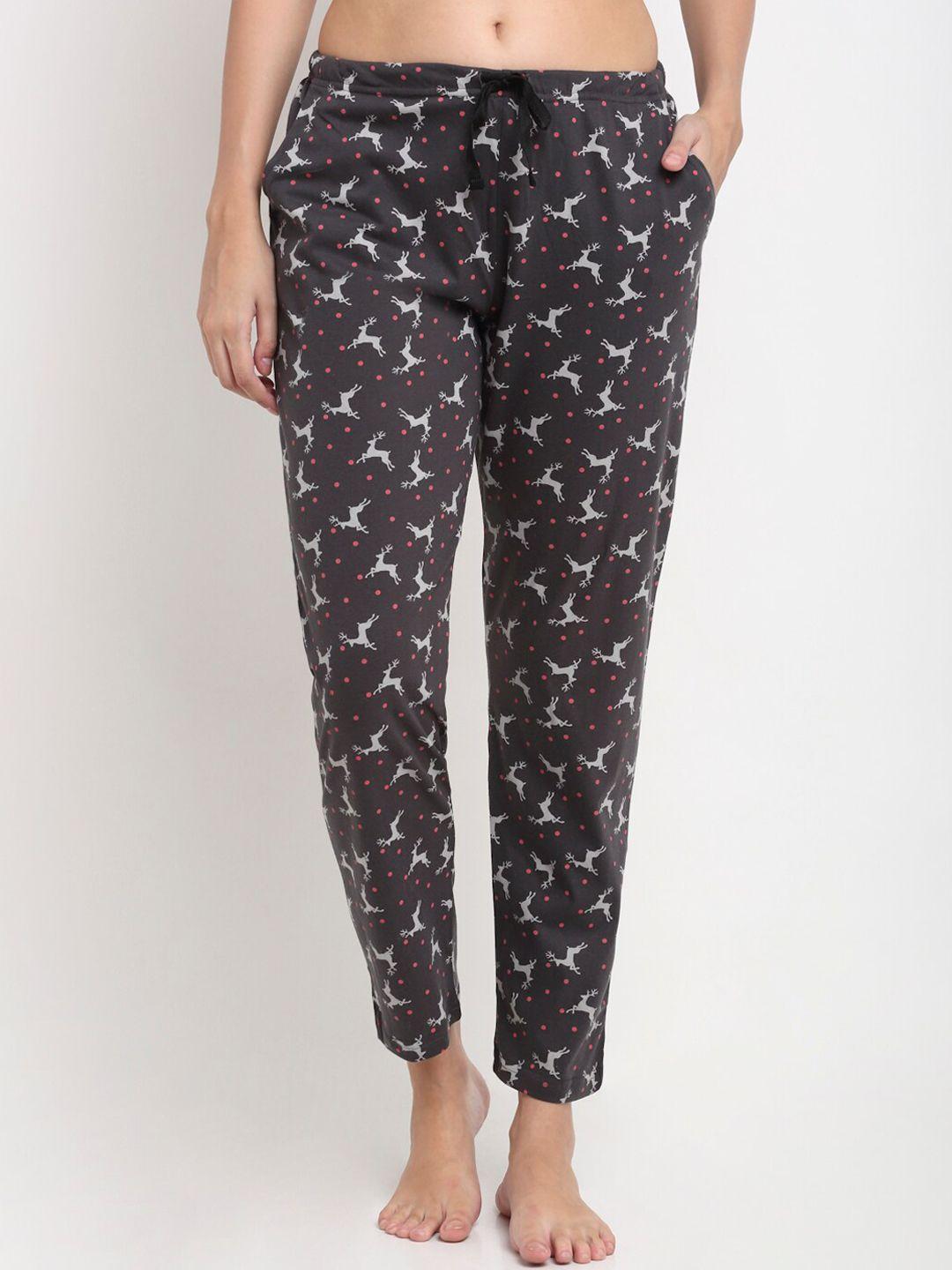 kanvin women charcoal grey & red printed pure cotton lounge pants