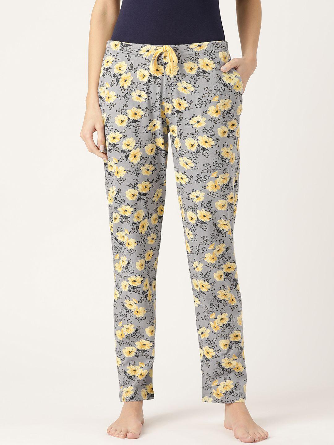 kanvin women lime grey & yellow floral print lounge pants