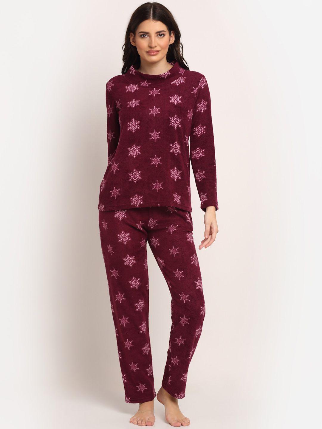 kanvin women maroon & pink printed night suit