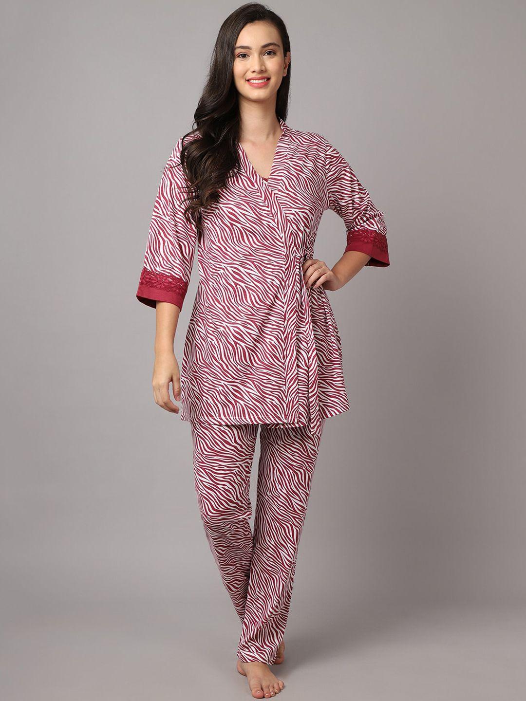 kanvin women maroon & white printed night suit