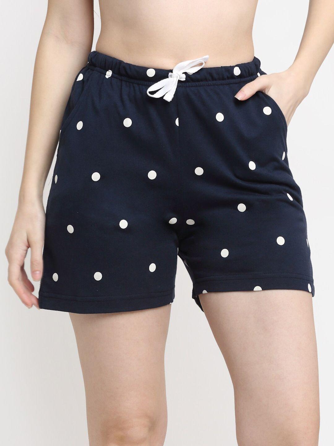 kanvin women navy blue & white printed pure cotton lounge shorts