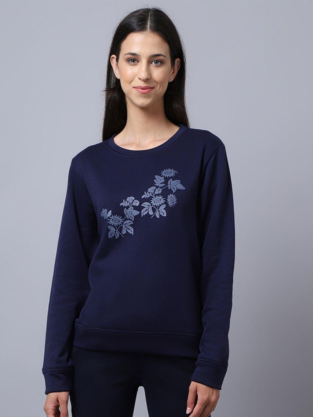 kanvin women navy blue printed cotton sweatshirt